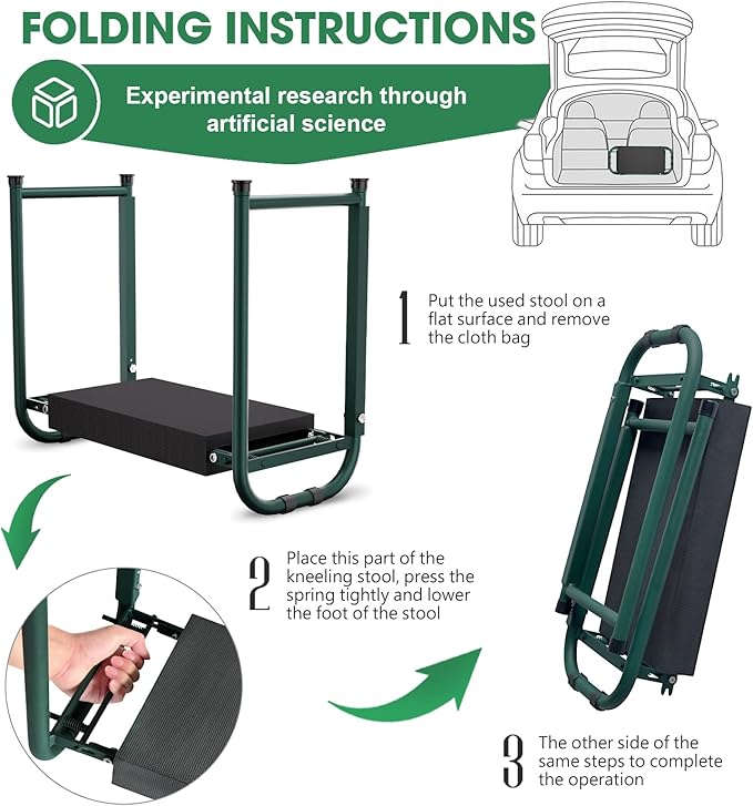Heavy Duty Garden Kneeler and Seat for Elderly, 400lbs Capacity Foldable Gardening Stool with Support Legs & Thick Pad, Includes Large Tool Organizer Bag, Black (Dark Green)