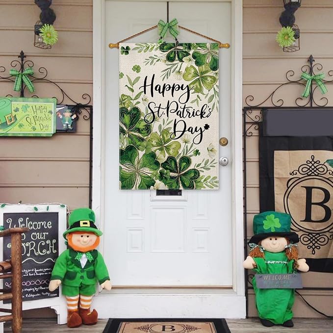 AVOIN colorlife Happy St Patricks Day Floral House Flag 28x40 Inch Double Sided Outside, Shamrock Lucky Clover Holiday Yard Outdoor Flag