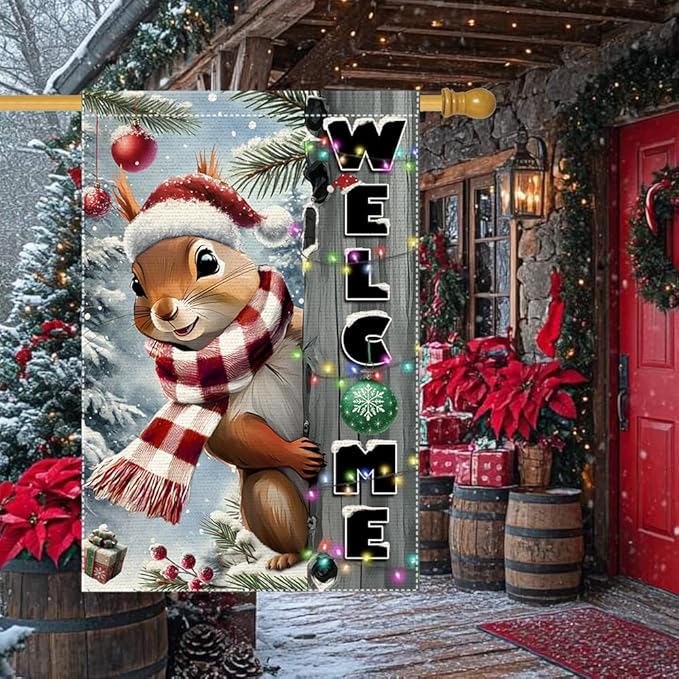 Christmas Garden Flag 28x40 inch The Nut Squirrel Welcome XMAS winter Garden Flags Yard Porch House Flag Double-Side For Home Outdoor Yard Patio Lawn Decor,Happy New Year merry Christmas banners for outside Decorations (RMQ-85, 28"X40")