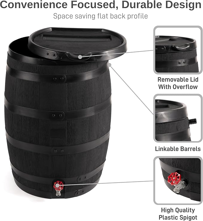 RTS Home Accents Premium 55-Gallon Eco Rain Barrel with Removable Lid, Flat Back Rain Water Collection Barrel, Made with 100% Recycled Plastic, Black