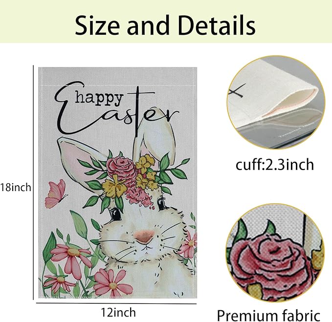 Easter Garden Flags Decors,12x18 Inch Vertical Double Sided Easters Yard Spring Decorations Outdoor Anniversary Front House Lawn Outside Bunny Decor Garden Flag