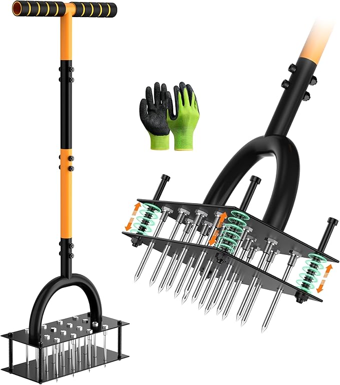 Lawn Aerator Manual Aerator Lawn Tool with 16 Spikes, Metal Grass Aerator for Yard, Lawn Aeration, Automatic Soil Ejection, Pre-Assembled Lawn Aerator Tool (Black Orange)