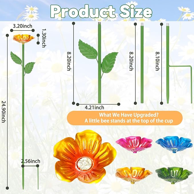 Bee Watering Station for Garden – 4 Pack Metal Flower Bee Bath with Decorative Bee, Butterfly Watering Station Cups with Glass Marbles – Butterfly Feeder for Outdoor Yard, Pollinator Water Feeder