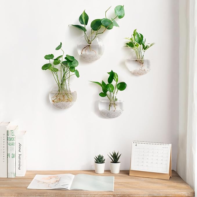 Mkono Wall Hanging Glass Terrariums Planter Oblate Flower Vase for Hydroponics Plants, Bathroom, Home Office Living Room Decor, Set of 6