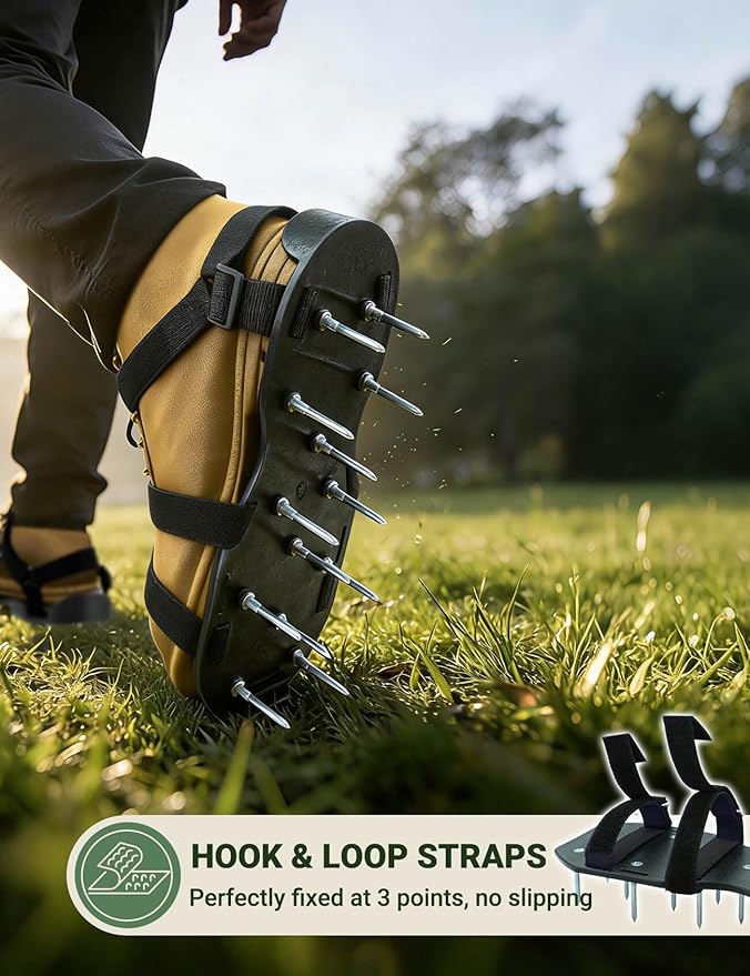 Lawn Aerator Shoes for Lawn, Soil Yard Aerator Tool with Hook & Loop Straps for Effectively Aerating, One Size Fits All Free-Installation Lawn Shoes for Yard Garden Patio Grass