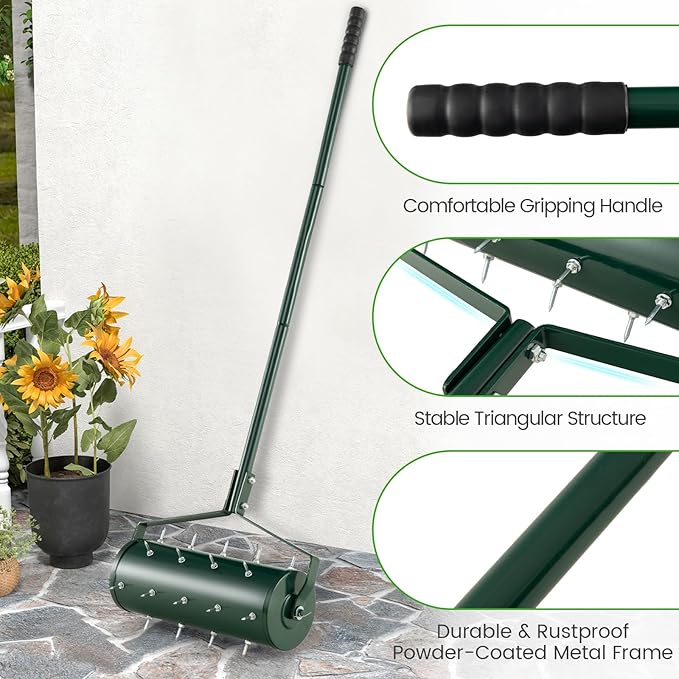 Goplus Rolling Lawn Aerator, 18-Inch Garden Yard Rotary Push Tine Filled Sand Stone, Heavy Duty Spike Soil Aeration w/Metal Handle, Fillable Drum 51" Manual Lawn Aeration Tool Garden Grass Patio Yard