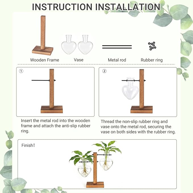 Mkono Heart Shaped Propagation Station with Wood Stand, Glass Hydroponic Planter Desktop Plant Terrarium for Home Office Decor, Gifts for Plant Lovers - 4 Love Bulb Pot Vase
