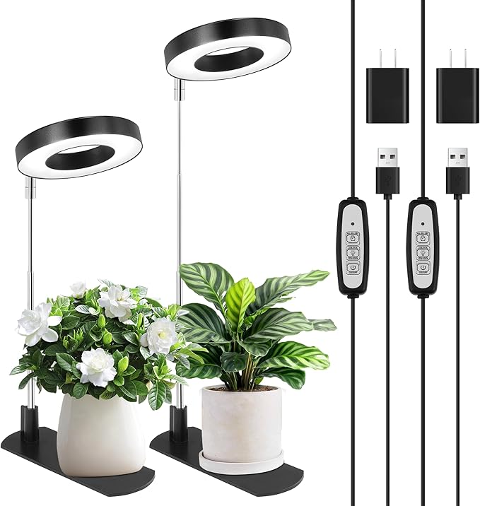 LBW Grow Light for Indoor Plants, Full Spectrum Halo Plant Grow Light with Base, Height Adjustable Plant Lamp with Auto On/Off Timer 4/8/12H, 4 Dimmable Brightness, for Small Plants, Black, 2 Packs