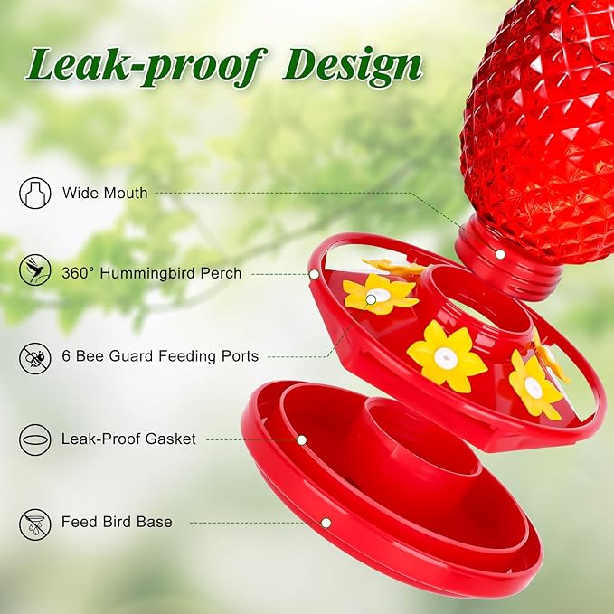 Glass Hummingbird Feeders for Outdoors Hanging Ant and Bee Proof 16OZ 2 Pack Red Pineapple Humming Bird Feeder with 6 Feeding Ports and Ant Moat Hummingbird Gifts for Women Garden Decor