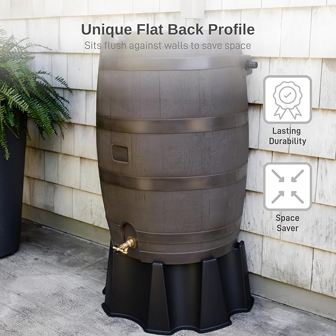RTS Home Accents 50-Gallon Rain Barrel with Brass Spigot, Flat Back Rain Water Collection Barrel, Walnut Color