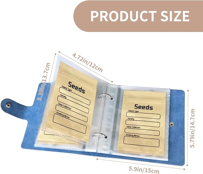 coutnier Seed Organizer Binder with 50 PCS Resealable Seed Envelopes - 50 Storage Pockets, 3.5x5 Inch Clear Sleeves, Seed Saver for Garden Lover - Blue