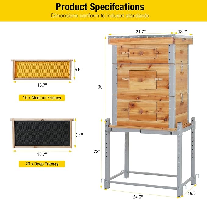 Aivituvin Bee Hive Bee Box 10 Frame Upgrade with All -Around Metal Frame Bee Castle Coated with 100% Beeswax Includes Waxed Foundations,2 Deep Boxes & 1 Medium Box