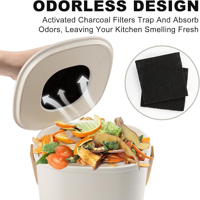 Compost Bin, LALASTAR Compost Bin Kitchen Counter with Lid, Made of Sustainable Bamboo Fiber, Odorless Indoor Compost Bin, 1 Gallon, Cream, Square