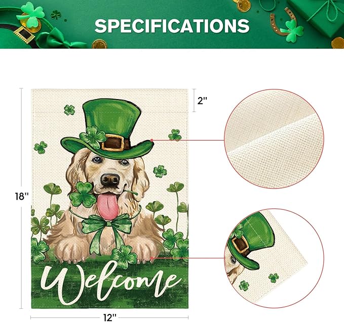AVOIN colorlife St Patricks Day Green Hat Dog Garden Flag 12x18 Inch Double Sided, Lucky Shamrock 17 March Welcome Yard Outdoor Flag