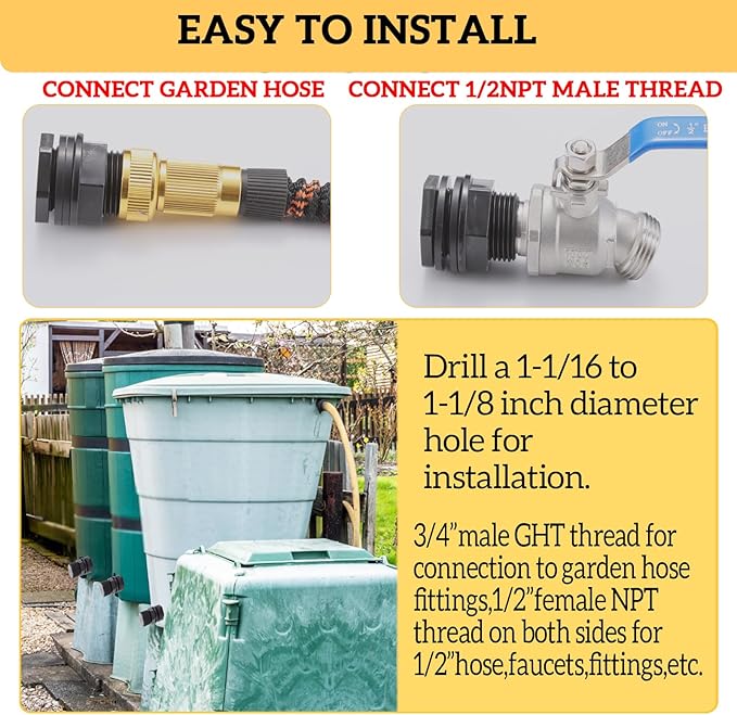 PVC Garden Hose Bulkhead Fitting With Plug, 1/2" Female NPT, 3/4" Male GHT (garden Hose Thread), For Rain Barrels, Aquariums, Sinks，2 Pack