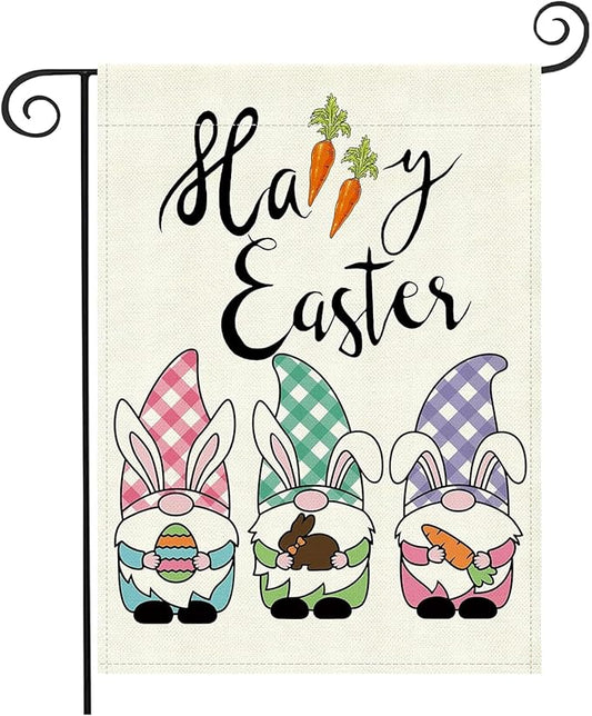 Easter Garden Flag 12x18 Inch - Cute Bunny Ear Gnome Trio with Egg & Carrot, Double-Sided "Happy Easter" Outdoor Decor for Patio Yard Easter Decorations