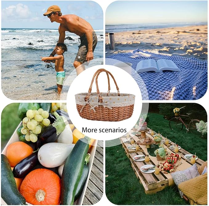 Large Wicker Picnic Basket with Handles,Handle Sturdy Woven Body with Removable and Washable Lining,Outdoor Camping,Gift Packing,Garden Picking, Storage.Yellow Flower