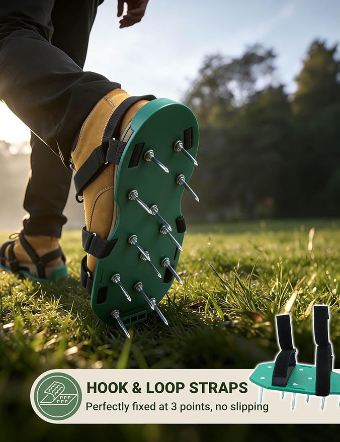 Lawn Aerator Shoes for Lawn, Soil Yard Aerator Tool with Hook & Loop Straps for Effectively Aerating, One Size Fits All Free-Installation Lawn Shoes for Yard Garden Patio Grass