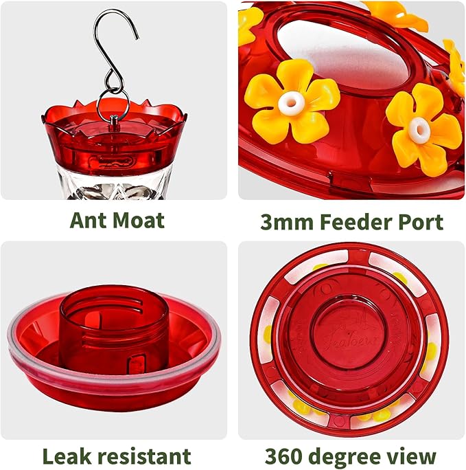 Hummingbird Feeder for Outdoors Hanging, 18 OZ Humming Birds Feeders with 6 Bee Guard Feeding Ports & Built-in Ant Moat, Easy to Clean, Durable Outdoor Garden Decor(Clear A 1 Pack)