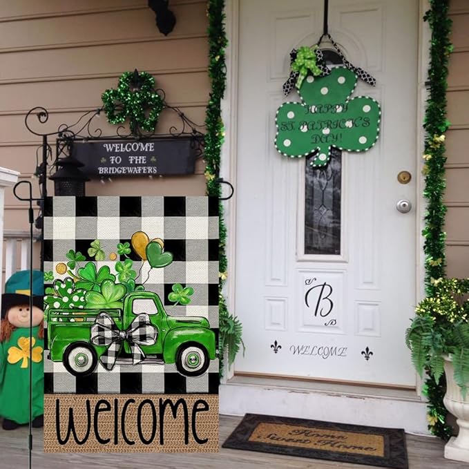 CROWNED BEAUTY St Patricks Day Shamrocks Truck Garden Flag 12x18 Inch Double Sided for Outside Small Burlap Buffalo Plaid Welcome Holiday Yard Decoration