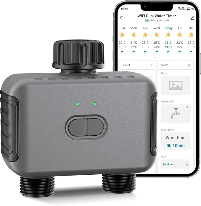 Haozee Zigbee Sprinkler Timer 2 Zone,Smart Water Timer for Garden Hose, Requires Zigbee 3.0 Hub,Support Home Assistant Zigbee2mqtt, Rain Delay and Manual Watering, Leakproof for Yard Lawn Watering