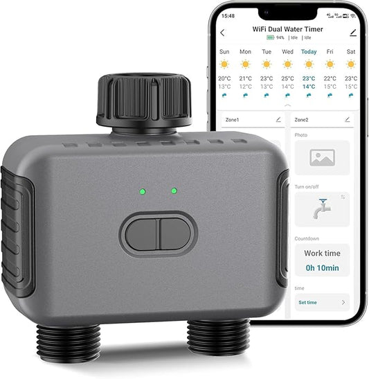 Haozee Zigbee Sprinkler Timer 2 Zone,Smart Water Timer for Garden Hose, Requires Zigbee 3.0 Hub,Support Home Assistant Zigbee2mqtt, Rain Delay and Manual Watering, Leakproof for Yard Lawn Watering
