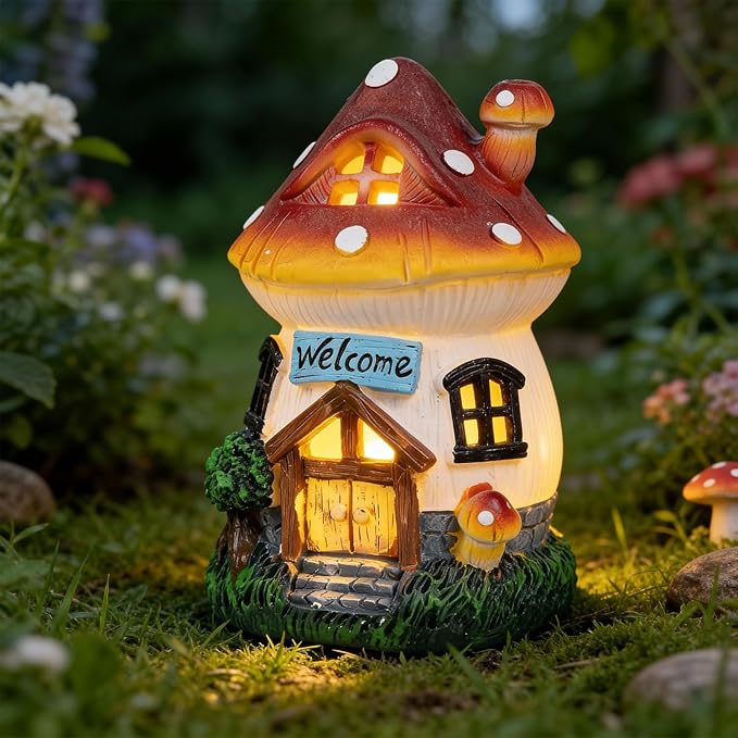 Ferrisland Solar Powered Mushroom House Statue with LED Light, 6.8 Inch Resin Garden Figurine with Welcome Sign, Outdoor Decor for Patio, Lawn, Yard, Pathway, Garden Gifts(Mushroom House)