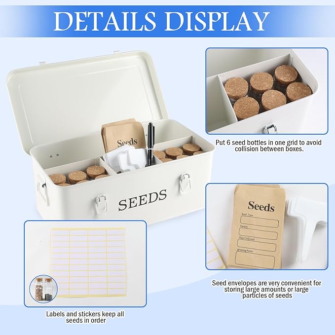 Seed Storage Box, Metal Seed Bin Seed Storage Organizer, 4 Dividers Seed Container with Safety Lock, Seed Box with Professional All-in-one Kit, White