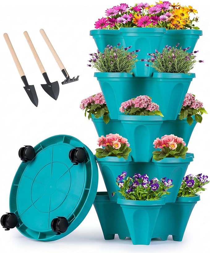 GameXcel Vertical Planter 5 Tier Stackable Planters Garden Planters Strawberry Herb Flower and Vegetable Planter Indoor Outdoor Gardening Pots with Removable Wheels and Tools