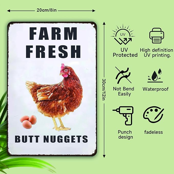 Farm Fresh Butt Nuggets Chicken Sign,Funny Chicken Coop Sign,Chicken Metal Signs,Chicken Tin Sign for Farm Chicken Coop Kicthen Garden Decor 8x12in