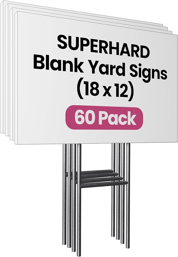PartyPrints 60 Pack 18 x 12 White Blank Yard Signs with Metal Stakes, Waterproof Corrugated Plastic Signs for Rent, Sale, Party, Birthdays, DIY, Event, Advertising, Garden, Lawn Signs for Outside