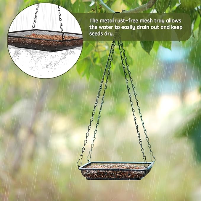 MIXXIDEA Hanging Bird Feeder Tray Metal Mesh Platform Seed Feeder with Durable Chains for Outdoors Garden Great for Attracting Birds (1 Pack)