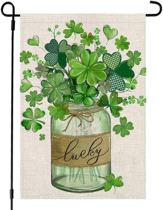 CROWNED BEAUTY St Patricks Day Shamrocks Mason Jar Garden Flag 12x18 Inch Double Sided for Outside Small Green Clovers Lucky Holiday Burlap Yard Decoration