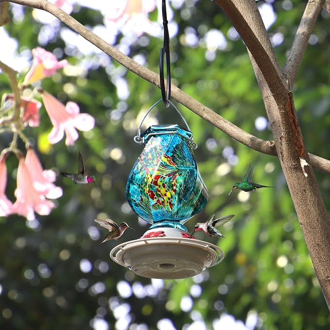 BOLITE Hummingbird Feeder, Hand Blown Glass Hummingbird Feeders for Outdoors Hanging, with Ant Moat and 5 Feeding Ports, 22 Ounces, Blue, Birthday Gifts for Women Men, Gifts for Mom Dad