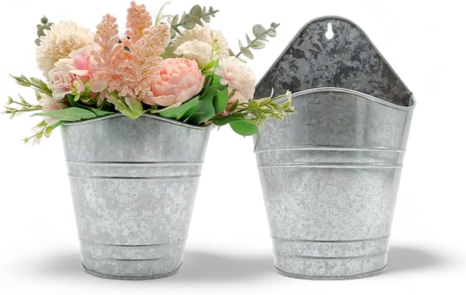 Hosley Set of 2 Galvanized Wall Hanging Planter 10 Inch High, Ideal Gift for Floral Arrangement, Wedding, Home Décor, Office Party DIY Indoor Outdoor Garden Patio