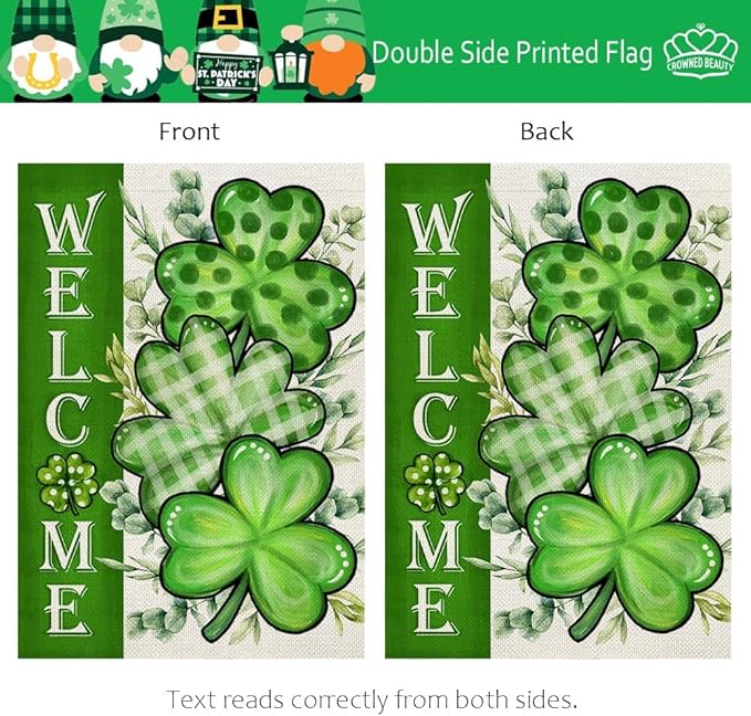 CROWNED BEAUTY St Patricks Day Shamrocks Garden Flag 12x18 Inch Double Sided for Outside Small Welcome Green Clovers Burlap Holiday Yard Flag