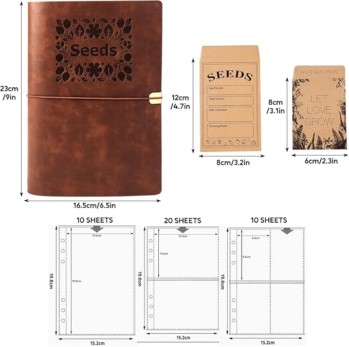 Seed Organizer Binder with 80 Resealable Envelopes - 40 Sheet Protectors for Garden Seed Storage (Brown)