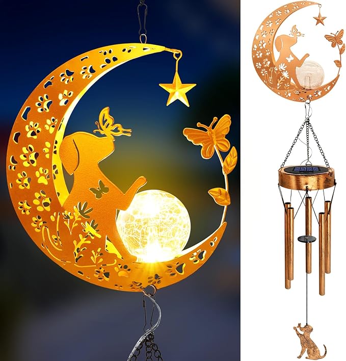 2Pack Solar Moon Dog Wind Chimes for Outside, Dog Lover Gifts for Mom Women Men Birthday Mothers Day, Hanging Outdoor Decor Cracked Glass Ball Memorial Wind Chimes for Garden Porch
