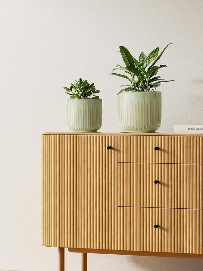 LE TAUCI Fluted Ceramic Pots for Plants, 8.3/7/6 Inch Indoor Planters with Drainage Holes & Mesh, Modern Glossy Glaze Cylinder Plant Pot for Snake Plant, Set of 3, Sage Green