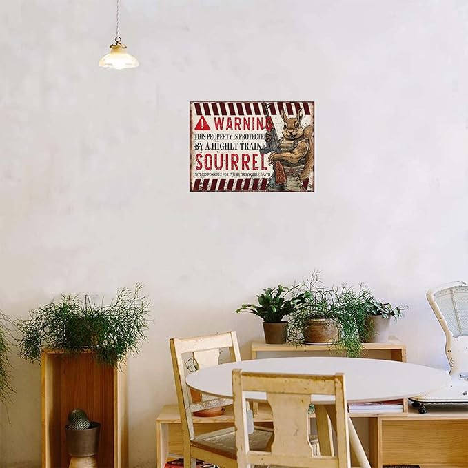 Funny Squirrel Metal Signs Warning This Property Is Protected By A Highly Train Vintage Tin Sign Retro Wall Decor for Home Front Door Gate Backyard 8×12 Inches