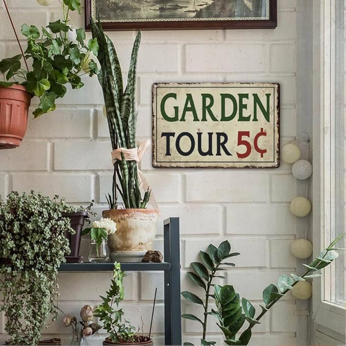 Garden Signs for Outside - Garden Tours 5 Cents, Vintage Metal Welcome Sign for Outdoor, Porch, Back Yard, Farmhouse, Patio Wall Decor Art, Gifts for Women, 12 x 8 inch