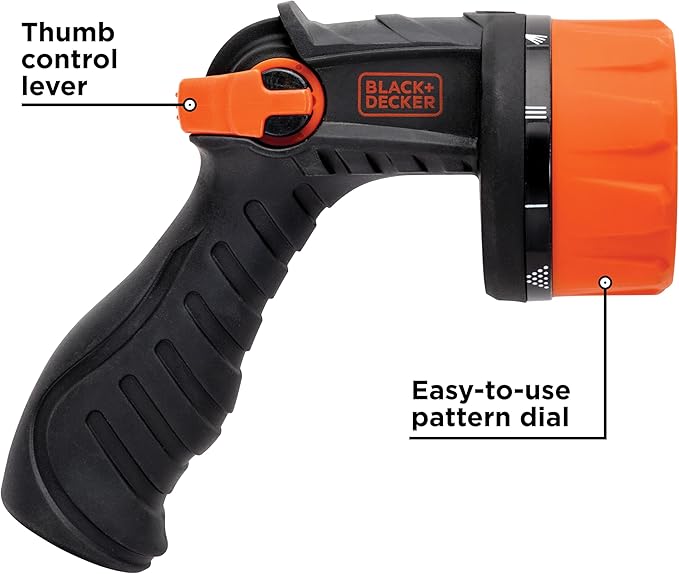 Black + Decker® Heavy-Duty 10-Pattern Poly Thumb Control Nozzle – Ergonomic, Versatile, Precision Garden Hose Attachment BD8439