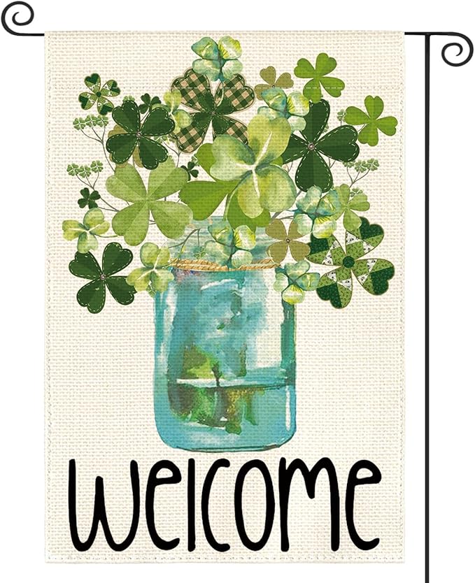 AVOIN colorlife Welcome Watercolor Lucky Clover St Patricks Day Garden Flag Double Sided, Shamrock Jar Yard Outdoor Flag 12x18 Inch