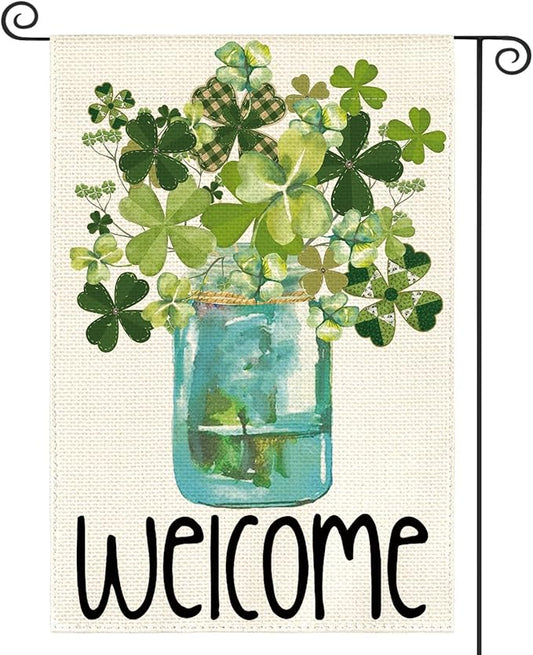 AVOIN colorlife Welcome Watercolor Lucky Clover St Patricks Day Garden Flag Double Sided, Shamrock Jar Yard Outdoor Flag 12x18 Inch