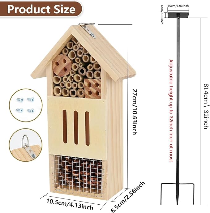 Wooden Insect House, Bee House with Metal Stake for Garden, Natural Ladbugs Habitat & Butterfly Hotel on The Ground or Hanging on Tree Wall (Pine, 4.13"x2.56" x10.63", 32'' H Stake)