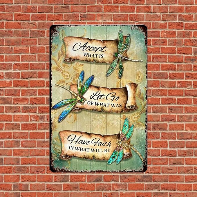 Dragonfly Tin Sign Retro Accept What Is Metal Signs Vintage Dragonfly Wall Art Outdoor Garden Decor Dragonfly Gifts For Women Bathroom Sign Home Decoration Let Go Of What Was Have Faith In What Will