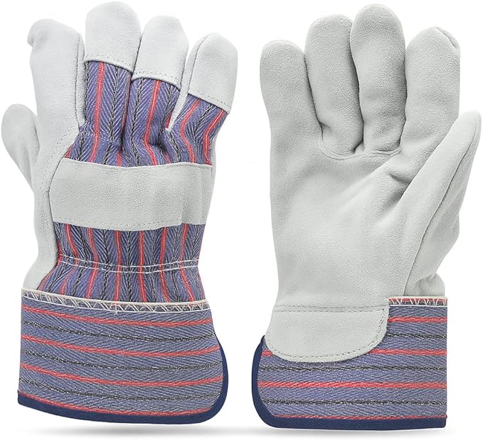 G & F Products Cowhide Leather Work Gloves with Suede Finish Palm rubberized safety cuff, 5 Pairs