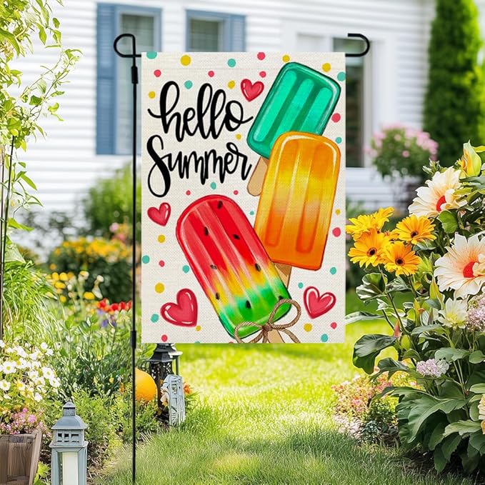CROWNED BEAUTY Summer Garden Flag Popsicles Double Sided 12x18 Inches Small Burlap Seasonal Welcome Yard Decoration for Outside Porch CF1813-12