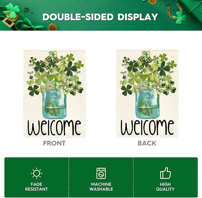 AVOIN colorlife Welcome Watercolor Lucky Clover St Patricks Day House Flag Double Sided, Shamrock Jar Yard Outdoor Flag 28 x 40 Inch