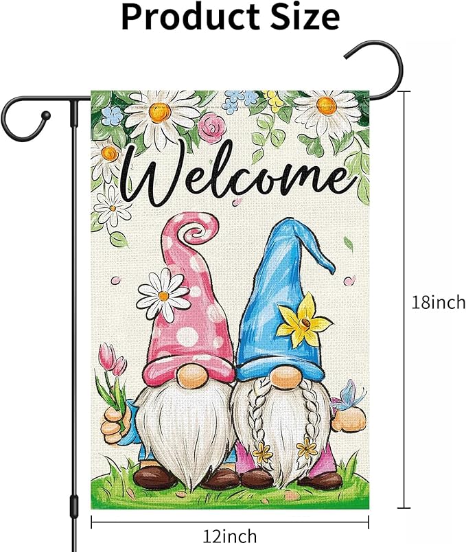 Spring Garden Flag 12x18 Inch - Cute Gnome Couple with Floral Design, Double-Sided "Welcome" Outdoor Decor for Patio Yard Spring Seasonal Decorations
